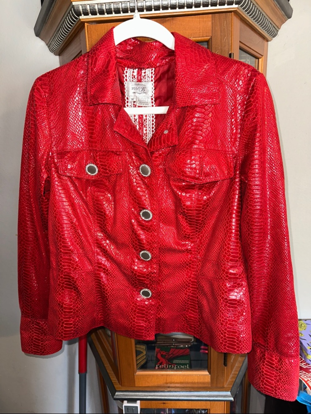 Vintage Women's Red Faux-Snakeskin Button Front  Jacket